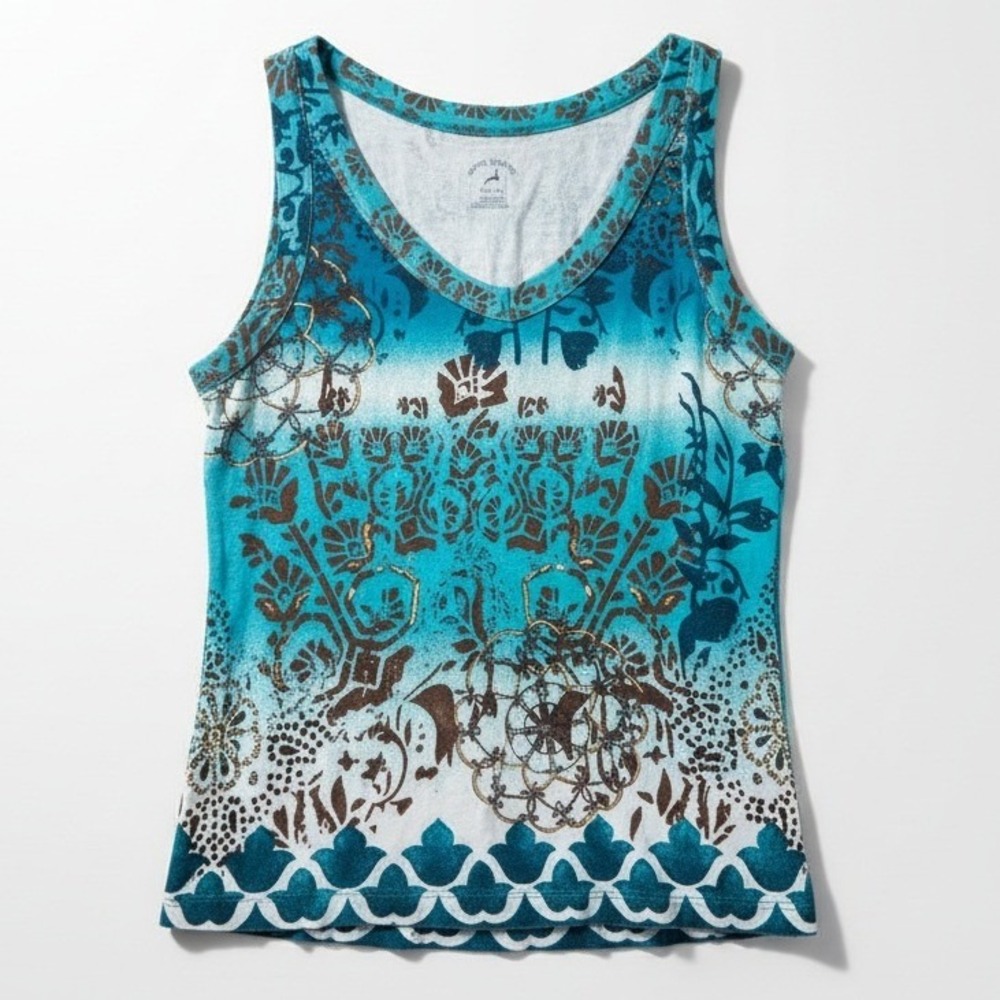 White Stag Tee Womens Blue Ombre Boho Floral Print Cotton Tank Top Size S 4-6